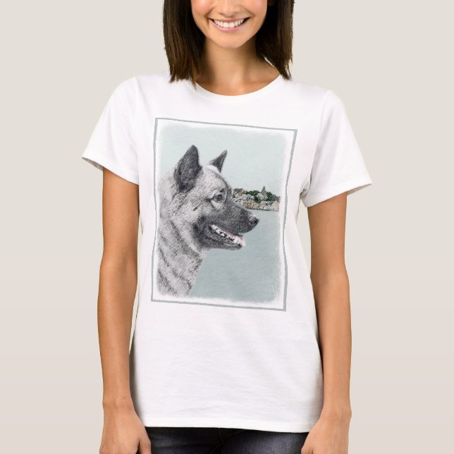 Camiseta Elkhound noruego en pintura de aldea - Arte de per (Anverso)