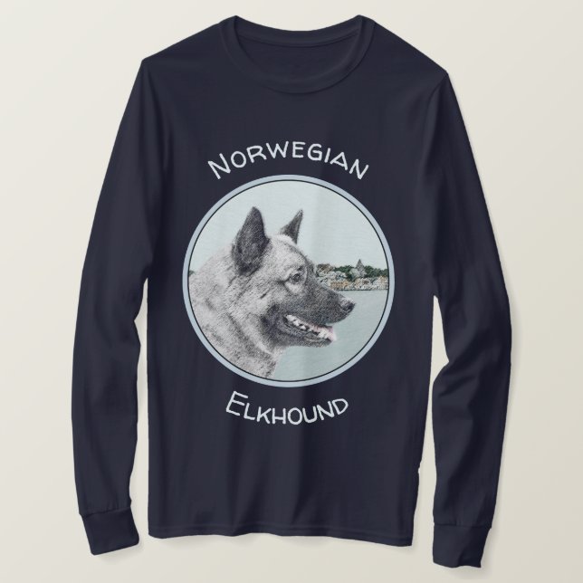 Camiseta Elkhound noruego en pintura de aldea - Arte de per (Anverso del diseño)