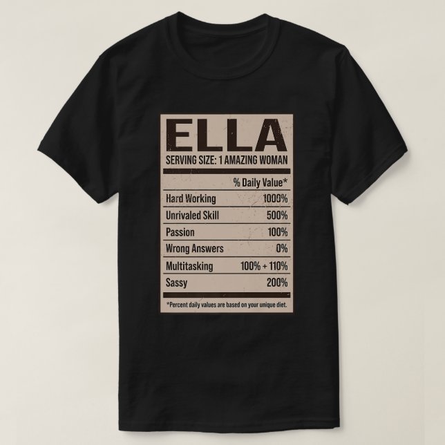 Camiseta Ella Nutrition Facts Name Nickname Alias Title Fri (Diseño del anverso)