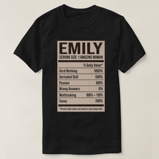 Camiseta Emily Nutrition Facts Name Nickname Alias Title Fr (Diseño del anverso)