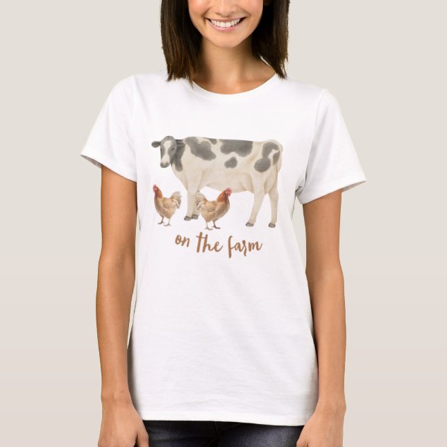 Camiseta En el campo agrícola vaca y gallinas (Anverso)