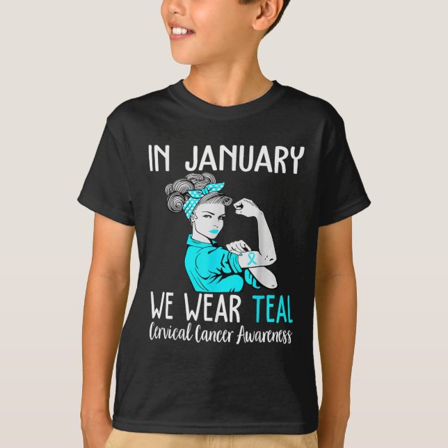 Camiseta En Enero Usamos Verde azulado Para Awaren De Cánce (Anverso)