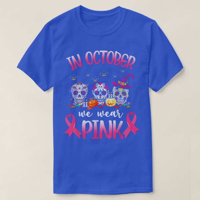 Camiseta En Octubre Usamos Awa El Skeleton Rosa Del Cáncer  (Diseño del anverso)