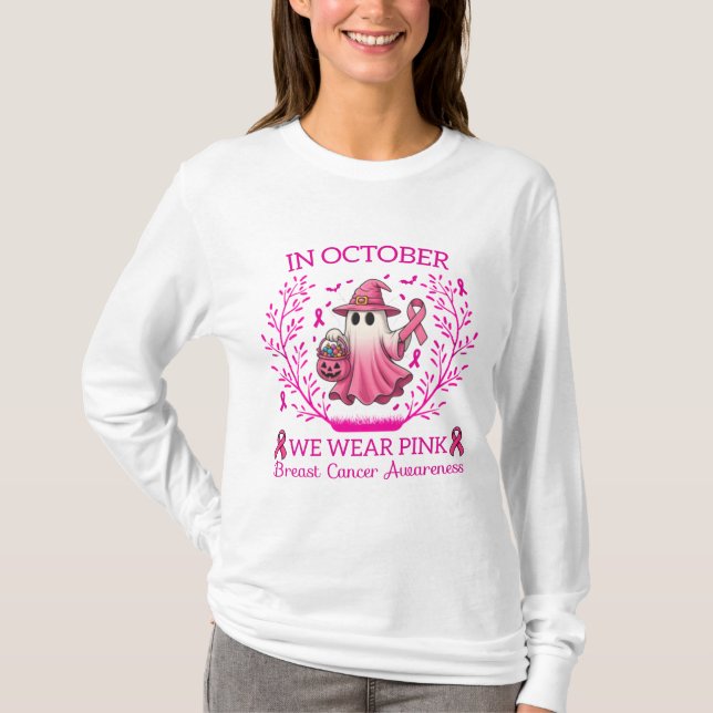 Camiseta En Octubre Usamos Cáncer De Mama De Bruja Rosa (Anverso)