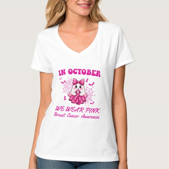 Camiseta En Octubre Usamos Cáncer De Mama De Bruja Rosa (Anverso)