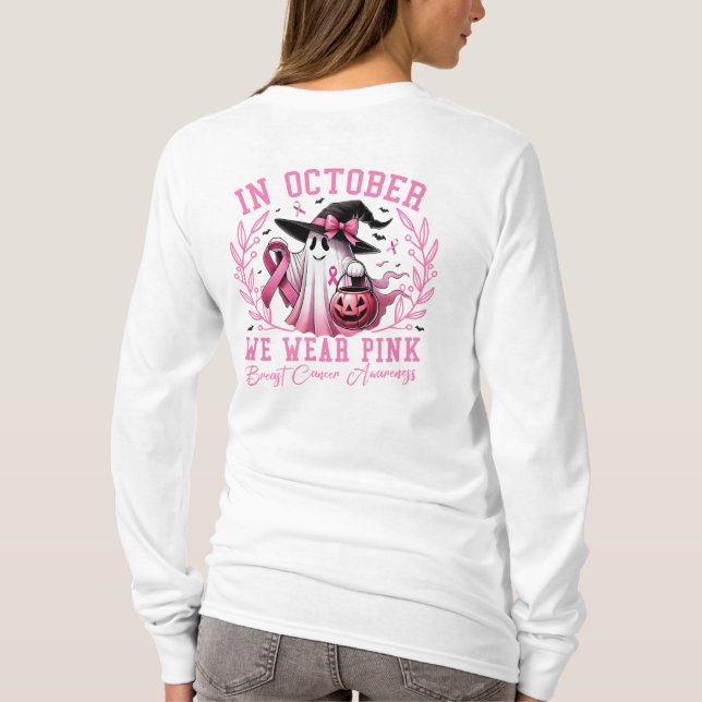 Camiseta En Octubre Usamos Cáncer De Mama De Bruja Rosa (Reverso)