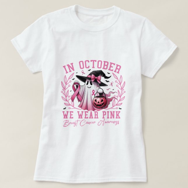 Camiseta En Octubre Usamos Cáncer De Mama De Bruja Rosa (Diseño del anverso)