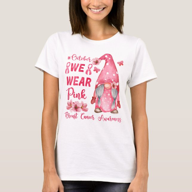 Camiseta En Octubre, Usamos Cáncer De Mama Rosa-Cute Gnome (Anverso)