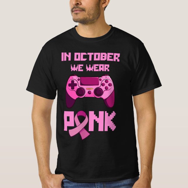 Camiseta En Octubre Usamos Cáncer De Pechuga Gamepad Rosa (Anverso)