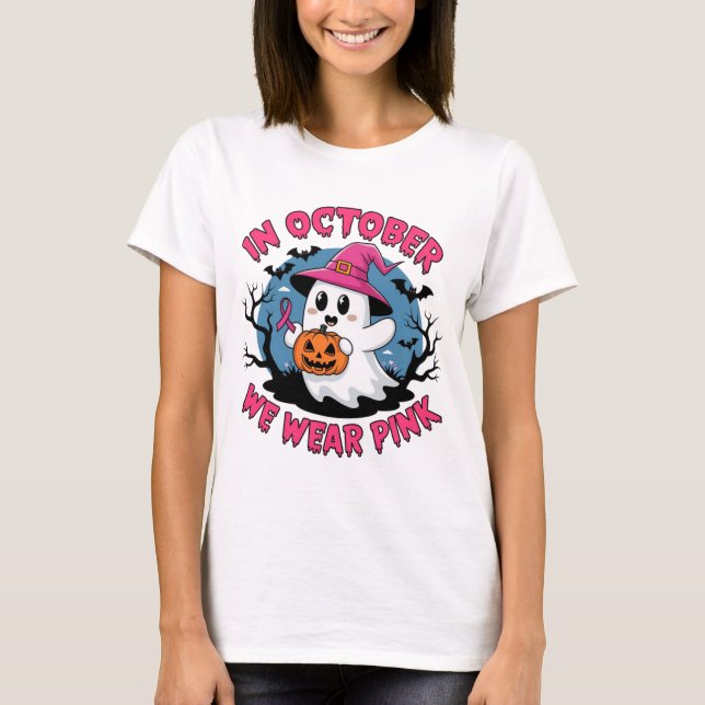 Camiseta en octubre usamos halloween fantasma rosa lindo (Anverso)