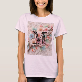 Camiseta Encaje de monograma floral rosa flor de cerezo pas