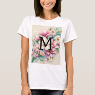 Camiseta Encaje de monograma flores de magnolias rosadas y