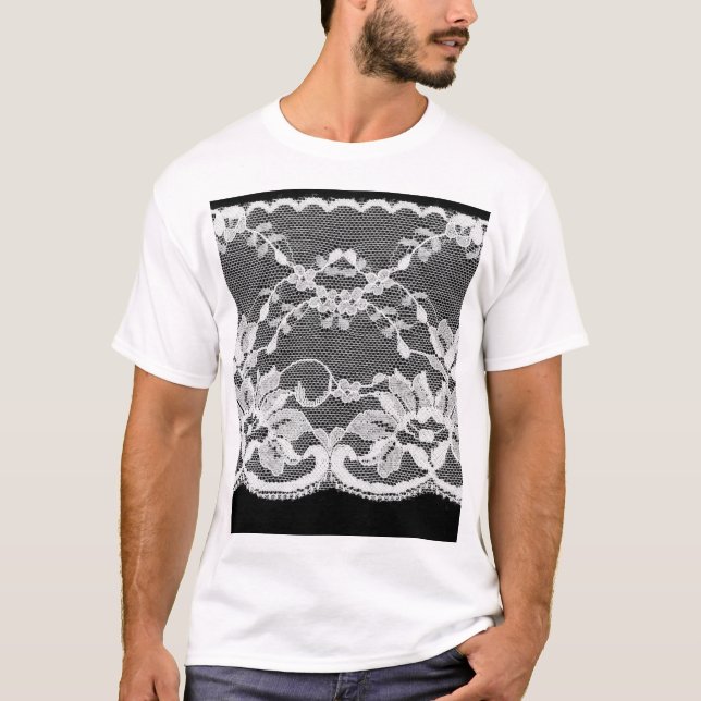Camiseta Encaje floral blanco: fondo negro. (Anverso)