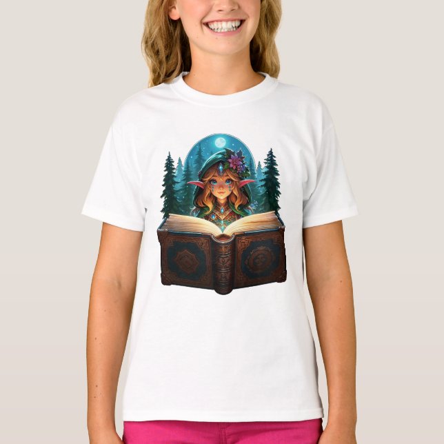 Camiseta "Encantado elfo forestal leyendo el Grimoire" (Anverso)