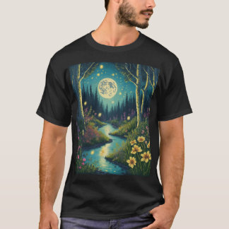 Camiseta Encantador bosque iluminado por luna con luciérnag