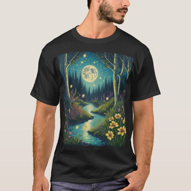 Camiseta Encantador bosque iluminado por luna con luciérnag (Anverso)