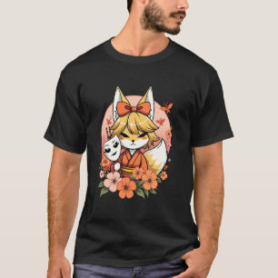 Camiseta Encanto de Kitsune con Máscara y Flores