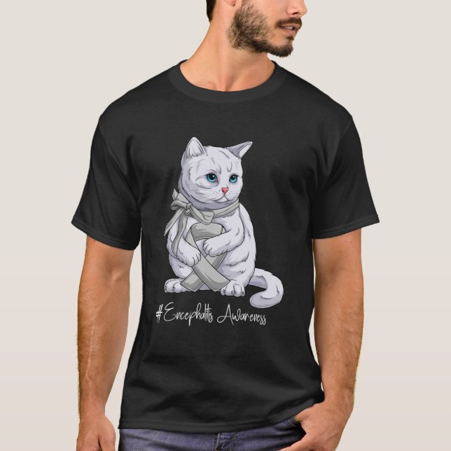 Camiseta Encefalitis Mes de Conciencia Cinta Plata Gato (Anverso)