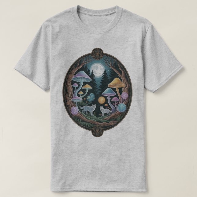 Camiseta Enchanted Moonlit Wolves and Psychedelic Mushrooms (Diseño del anverso)