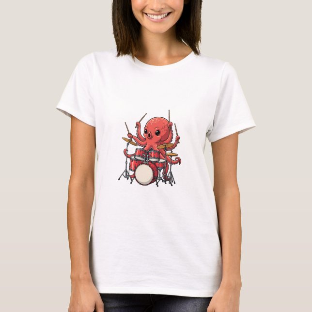 Camiseta Energetic Red Octopus Drummer Multitasking (Anverso)
