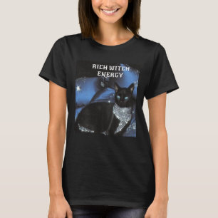 Camiseta Energía de bruja rica de Halloween Gato negro Glam