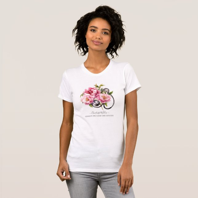 Camiseta Enfermera Caregiver Estetoscopio Floral (Anverso completo)