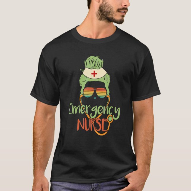Camiseta Enfermera de emergencia Messy Bun Mujeres Retro Su (Anverso)