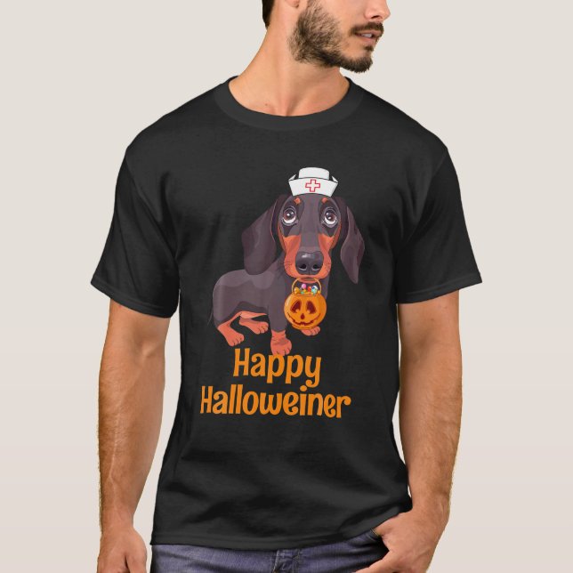 Camiseta Enfermera de Halloween Dachshund mujeres disfrazad (Anverso)