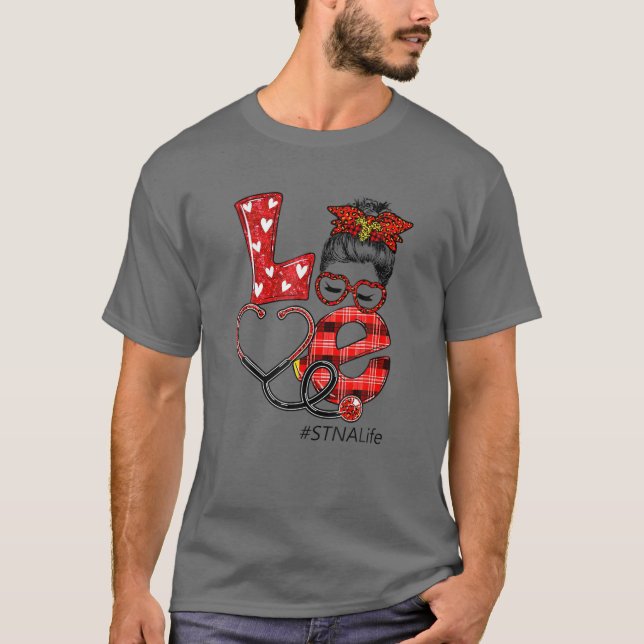 Camiseta Enfermera de STNA Plaid Leopard Love Heart Messy B (Anverso)
