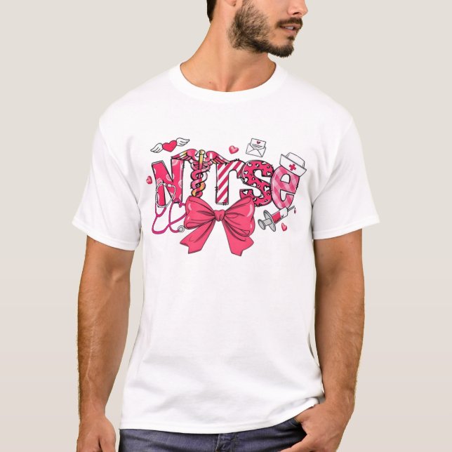 Camiseta Enfermera del Día de San Valentín Rosa, Lazo Coque (Anverso)