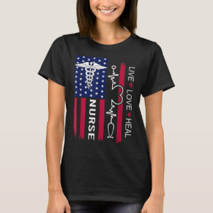 Camiseta Enfermera Estetoscopio Latido Corazón Bandera Amer