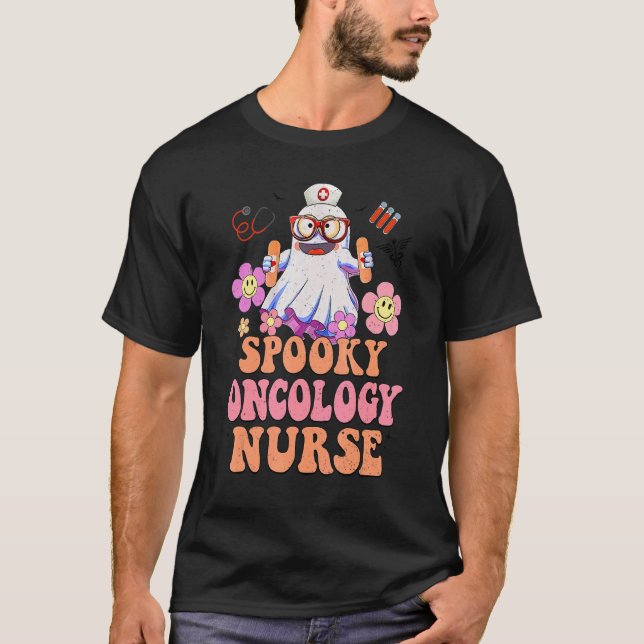 Camiseta Enfermera fantasma retro Groovy oncología de flor  (Anverso)