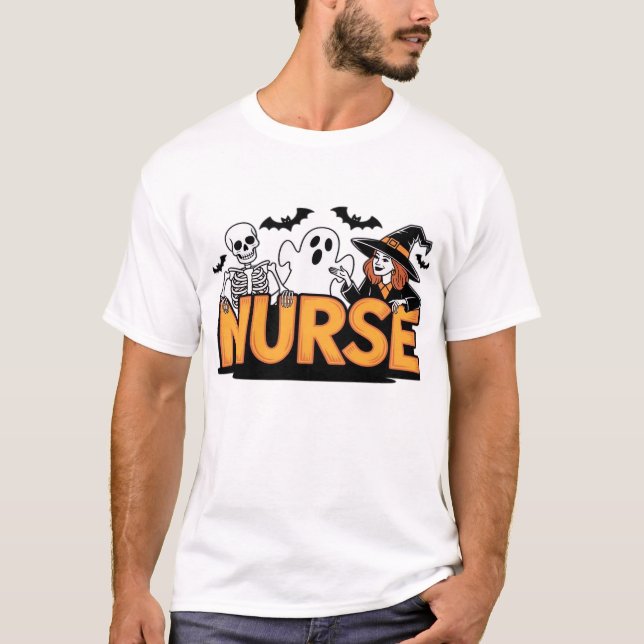Camiseta Enfermera - Halloween - con fantasma, bruja y esqu (Anverso)