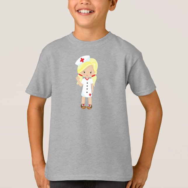 Camiseta Enfermera, Medicina, Médica, Chica Cute, pelo rubi (Anverso)