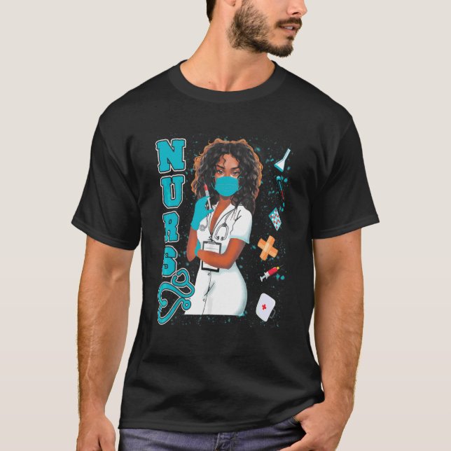 Camiseta Enfermera negra uniforme máscara facial afroafrica (Anverso)