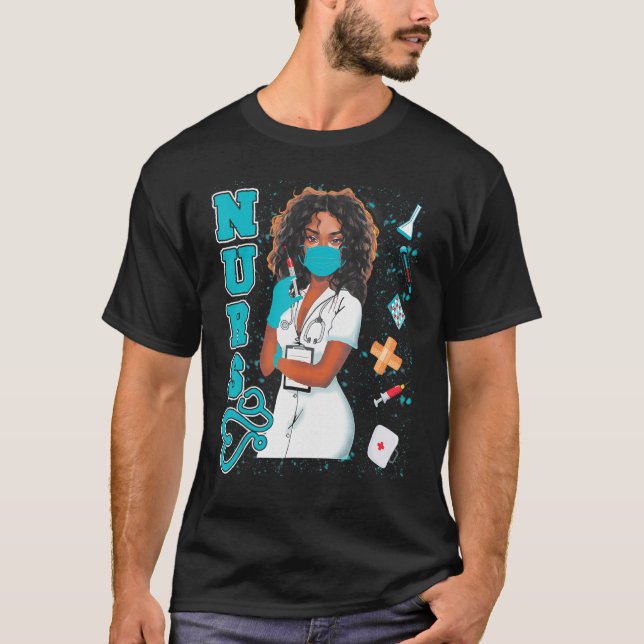 Camiseta Enfermera negra uniforme máscara facial afroafrica (Anverso)