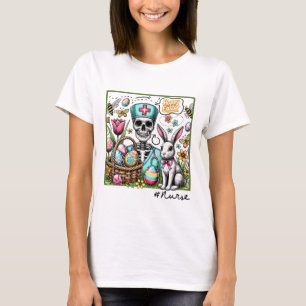 Camiseta Enfermera Pascua Día Esqueleto Conejito Huevos Coq