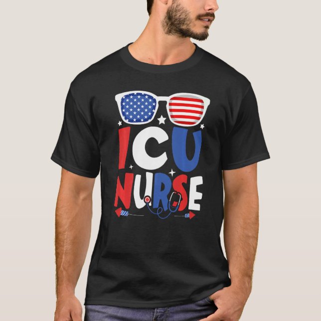 Camiseta Enfermera Patriótica Icu 4 De Julio Sunglasse Esta (Anverso)