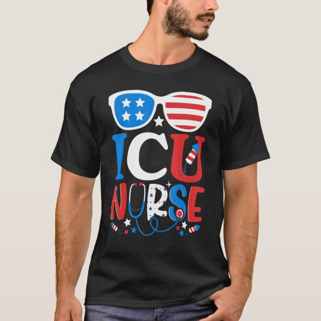 Camiseta Enfermera Patriótica Icu 4 De Julio Sunglasse Esta (Anverso)