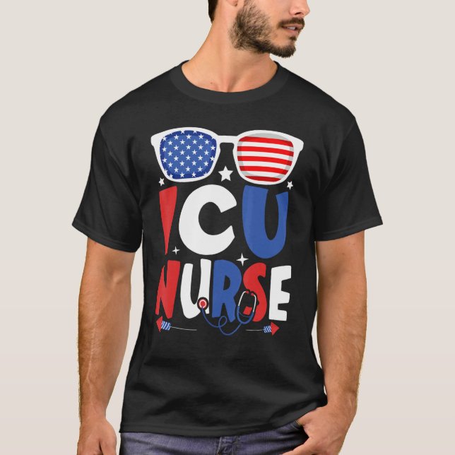 Camiseta Enfermera Patriótica Icu 4 De Julio Sunglasse Esta (Anverso)