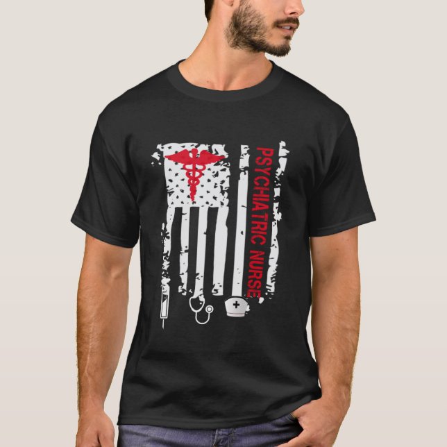 Camiseta Enfermera psiquiátrica Bandera Americana RN Salud  (Anverso)
