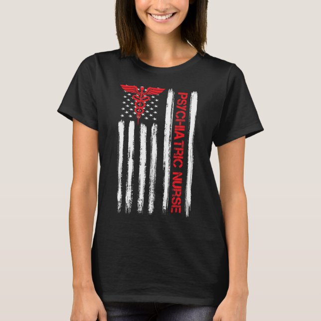 Camiseta Enfermera psiquiátrica Bandera Americana RN Salud  (Anverso)