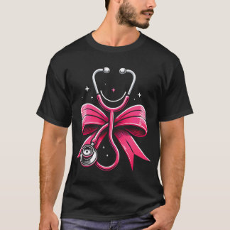 Camiseta Enfermera rosa Coquette Ribbon Bow Stethoscope Enf