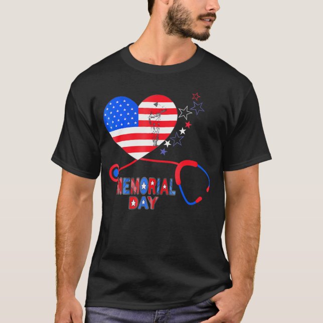 Camiseta Enfermera Stethoscope Día Conmemorativo Patriótico (Anverso)