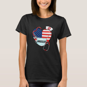Camiseta Enfermera Vida Americana Bandera Cardíaca Máscara 