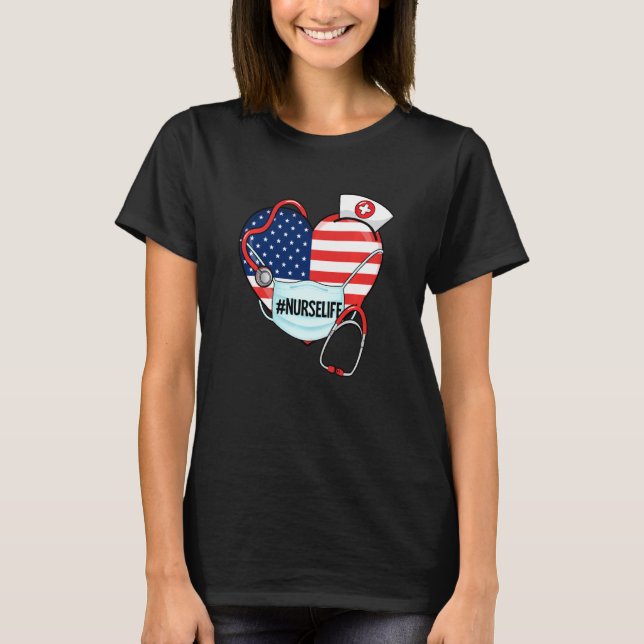 Camiseta Enfermera Vida Americana Bandera Cardíaca Máscara  (Anverso)