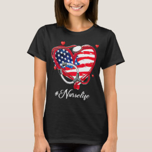 Camiseta Enfermera Vida Estetoscopio Corazón Bandera Americ