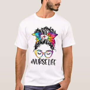 Camiseta Enfermería Vida Desordenada Bun Tie Dye Glasses Ba
