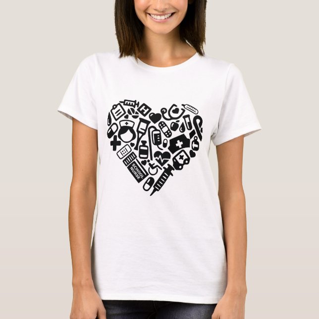 Camiseta Enfermero escolar; Corazón, silla de ruedas, mulet (Anverso)
