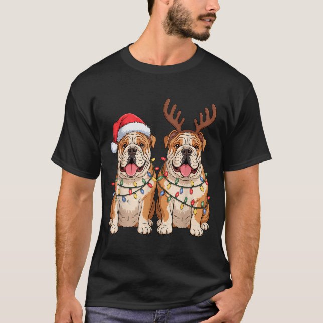 Camiseta English Bulldog Christmas Santa Hat Reindeer Light (Anverso)
